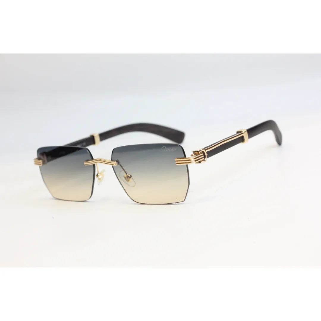 Cartier - R82 - Golden - Rimless - Metal - Wooden Texture - Rectangle - Sunglasses - Eyewear