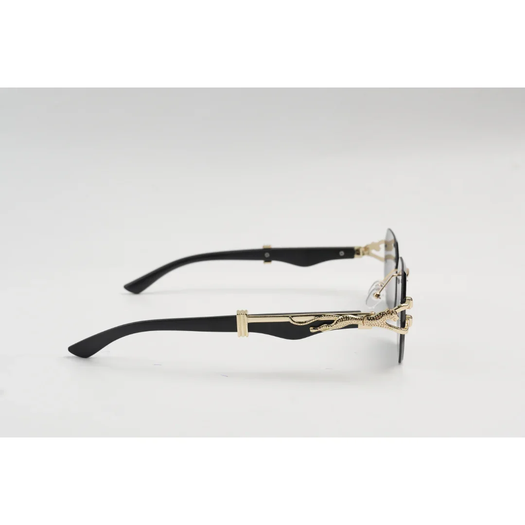 Panther - R09 - Black - Golden - Wooden Texture - Rimless - Metal - Hexagonal Round - Sunglasses - Eyewear - Image 3