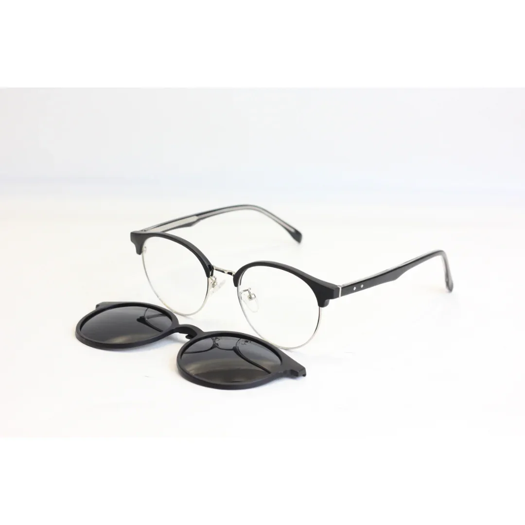 Ray Ban - 1202 - Clubmaster - Black - Silver - Attachment - Polarized - Acetate - Metal - Round - Sunglasses - Eyewear